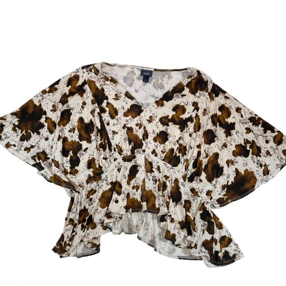 Daytrip Cow Print Top Women's L Brown White Dolman V-Neck High Low Cropped - Picture 2 of 7